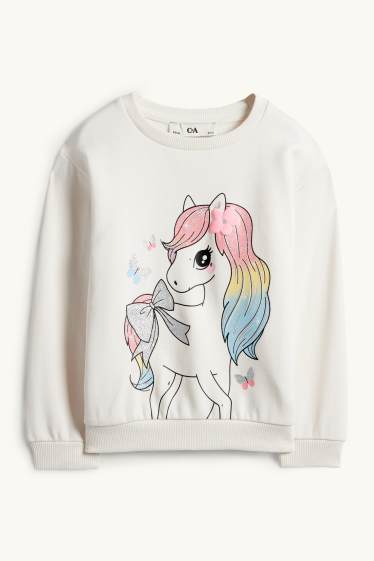 Enfants filles - Poney et papillon - Sweat - blanc crème
