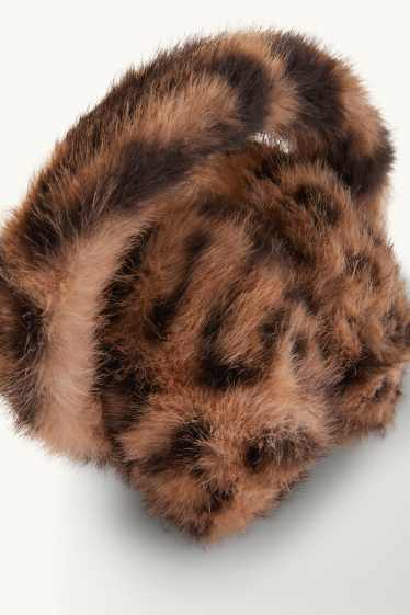 Dames - Oorwarmers van imitatiebont - opgedrukt luipaardvel - zwart / beige