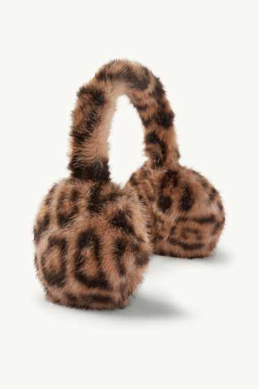 Dames - Oorwarmers van imitatiebont - opgedrukt luipaardvel - zwart / beige