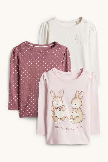 Baby Mädchen - Multipack 3er - Häschen und Blümchen - Baby-Crochet-Langarmshirt - cremeweiß