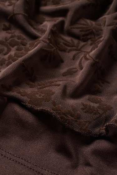 Dámské - Souprava - krátké tričko s dlouhým rukávem a top - slim fit - s květinovým vzorem - tmavohnědá