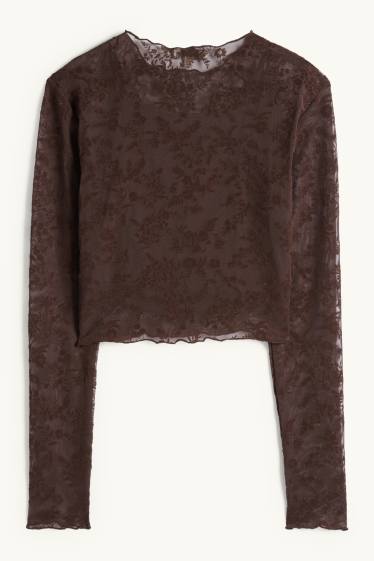 Dámské - Souprava - krátké tričko s dlouhým rukávem a top - slim fit - s květinovým vzorem - tmavohnědá