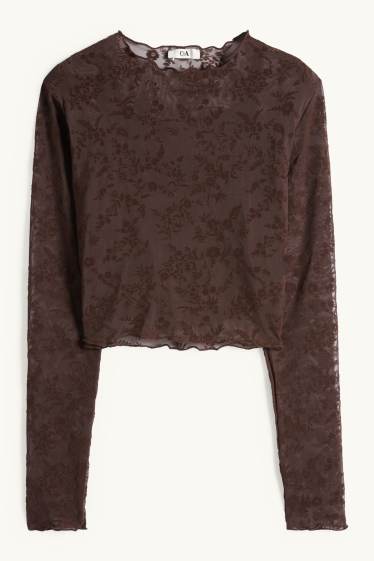 Dámské - Souprava - krátké tričko s dlouhým rukávem a top - slim fit - s květinovým vzorem - tmavohnědá