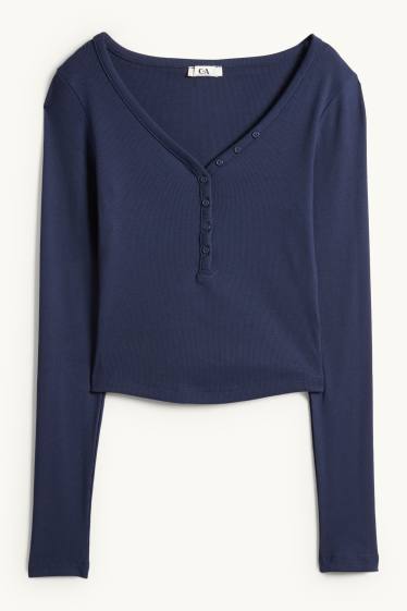 Damen - Crop Henley-Shirt - Slim Fit - gerippt - dunkelblau