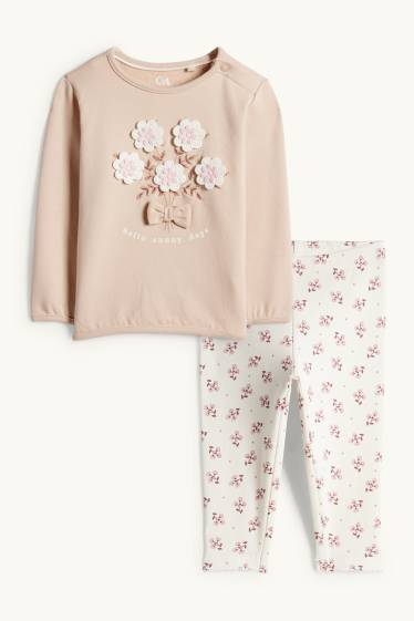 Bebeluși - fete - Floricele - compleu bebeluși, cu aplicații croșetate - 2 piese - bej deschis