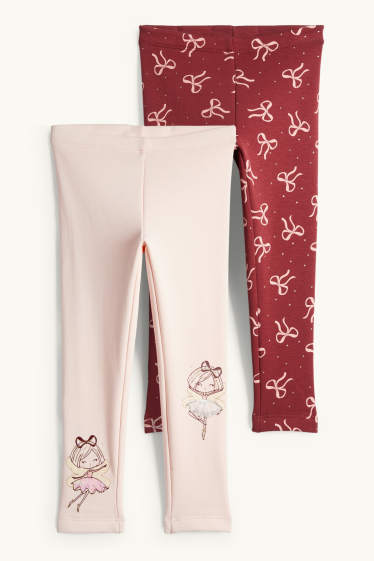 Enfants filles - Lot de 2 - nœud et ballerine - leggings chauds - rose / rouge foncé