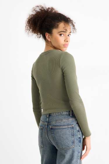 Dámské - Krátké tričko s dlouhým rukávem - slim fit - žebrované - khaki