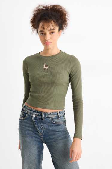 Dámské - Krátké tričko s dlouhým rukávem - slim fit - žebrované - khaki