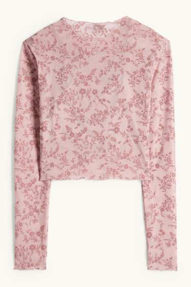 Dámské - Souprava - krátké tričko s dlouhým rukávem a top - slim fit - s květinovým vzorem - růžová