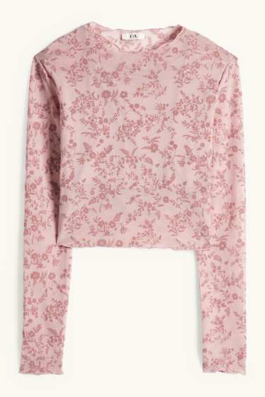 Dámské - Souprava - krátké tričko s dlouhým rukávem a top - slim fit - s květinovým vzorem - růžová