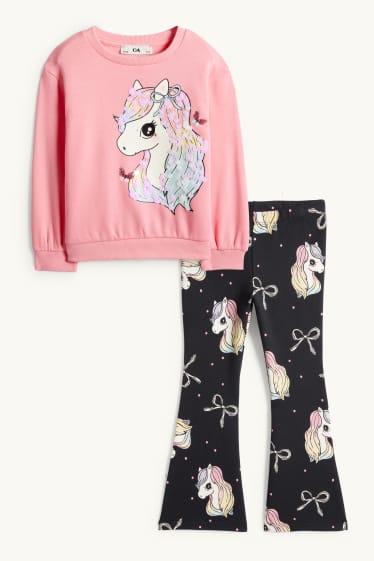 Enfants filles - Poney - ensemble - sweat et flared leggings - 2 pièces - noir / rose