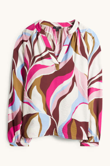 Donna - Blusa con scollo a V - fantasia - marrone / fucsia