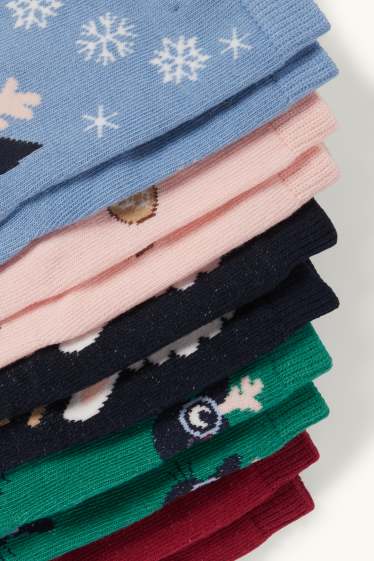 Enfants filles - Lot de 5 paires - animaux - chaussettes de Noël à motif - vert / bleu foncé
