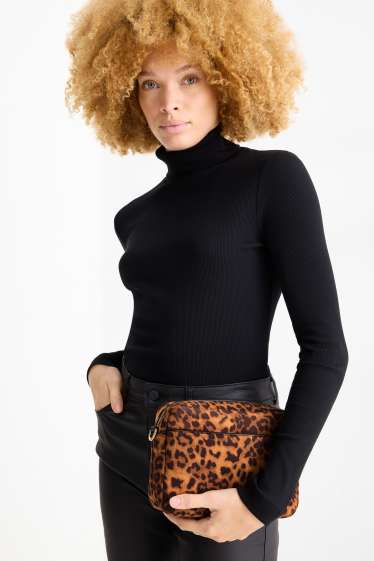 Damen - Umhängetasche mit abnehmbarem Taschengurt - Leo-Print - schwarz / beige