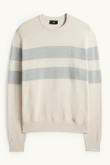 Pánské - Svetr - pruhovaný - strukturovaný - světle béžová