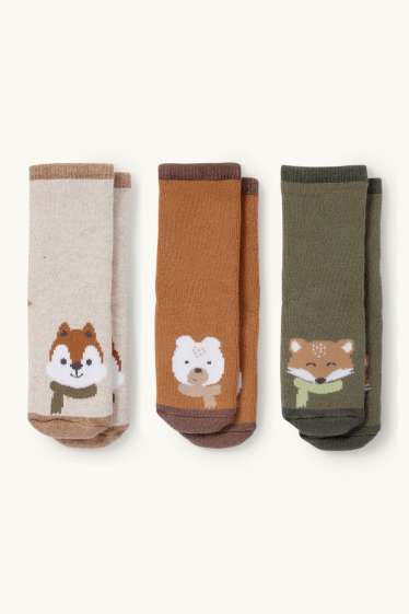 Bébés garçons - Lot de 3 - animaux sauvages - chaussettes antidérapantes pour bébé - hiver - marron / vert