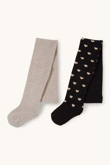 Enfants filles - Lot de 2 - cœurs - collants - noir / beige