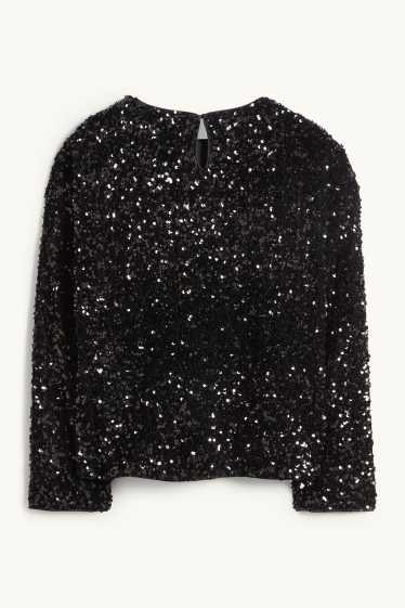 Damen - Pailletten-Langarmshirt - Regular Fit - schwarz