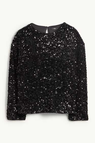 Damen - Pailletten-Langarmshirt - Regular Fit - schwarz