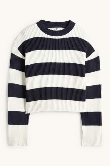 Copii - Fete - Pulover - reiat - cu dungi - albastru închis / alb-crem