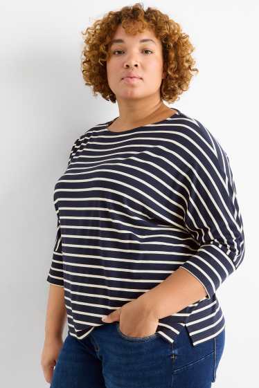 Femei - Tricou cu mânecă lungă - regular fit - cu dungi - albastru închis / alb-crem