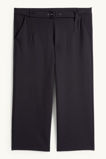 Dámské - Žerzejové kalhoty s páskem - high waist - wide leg - černá