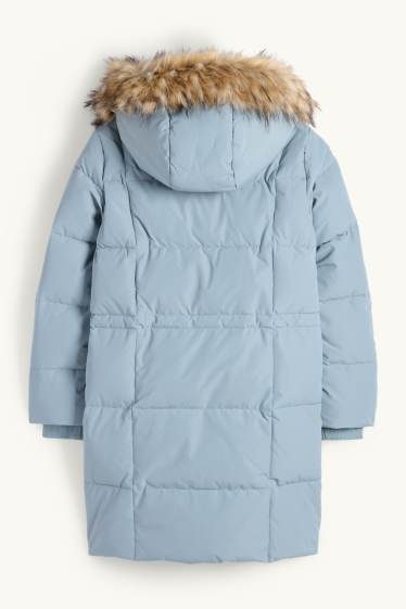 Enfants filles - Doudoune en duvet avec capuche et garniture en imitation fourrure - bleu clair