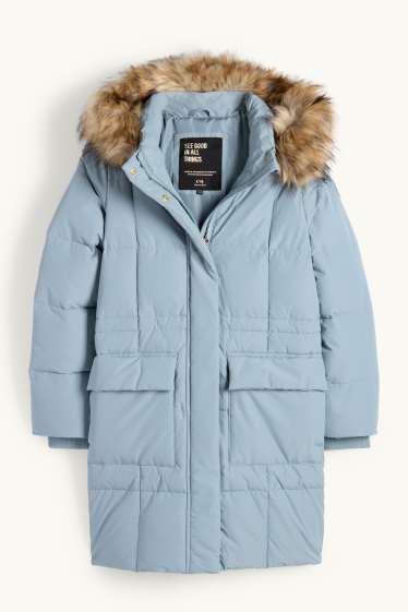 Enfants filles - Doudoune en duvet avec capuche et garniture en imitation fourrure - bleu clair