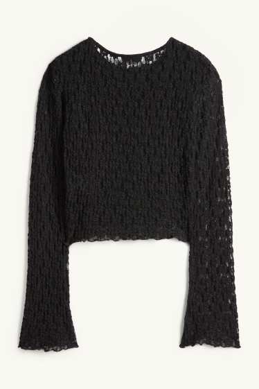 Femmes - Haut court à manches longues à dentelles - slim fit - noir