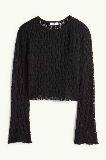 Femmes - Haut court à manches longues à dentelles - slim fit - noir