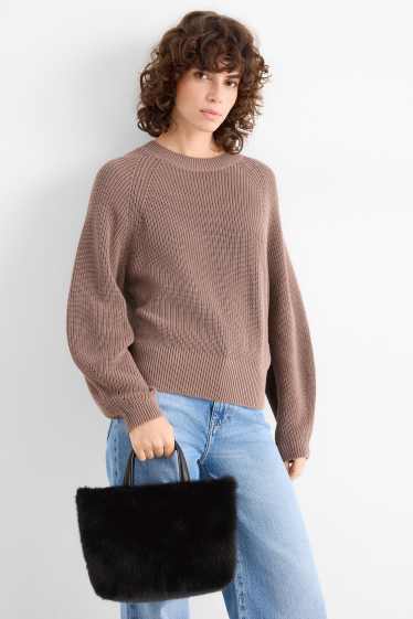 Damen - Kleiner Kunstfell-Shopper mit abnehmbarem Taschengurt - schwarz