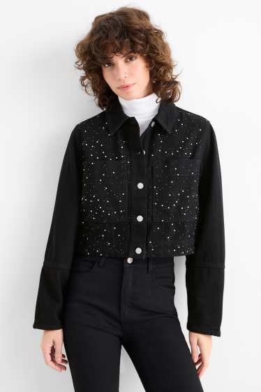 Femmes - Veste courte en jean à strass - noir