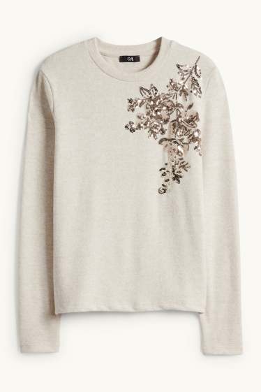 Women - Long sleeve top - regular fit - shiny - beige