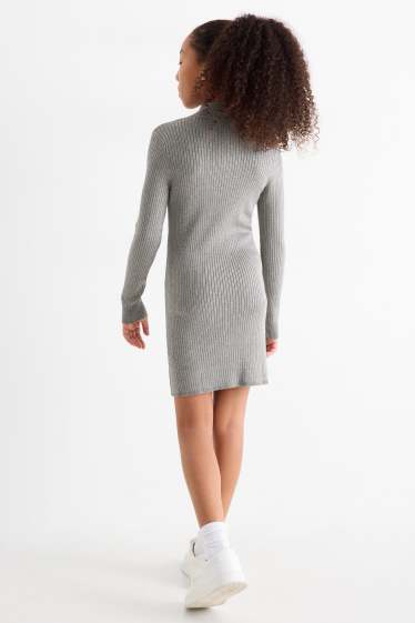 Kinder Mädchen - Strickkleid - gerippt - hellgrau-melange