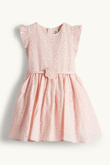 Enfants filles - Fleurs - robe à ceinture - broderie anglaise - festive - rose