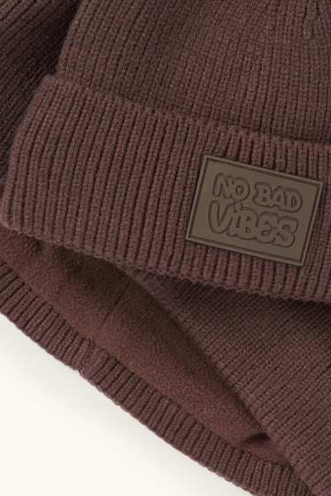 Kinder Jungen - Set - Mütze und Loop Schal - 2 teilig - gerippt - dunkelbraun