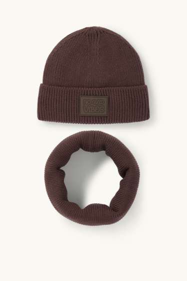 Kinder Jungen - Set - Mütze und Loop Schal - 2 teilig - gerippt - dunkelbraun