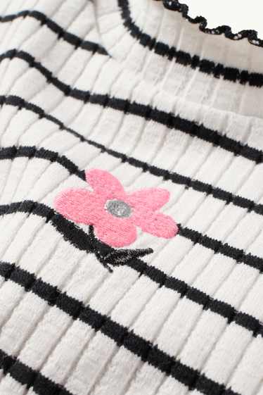 Děti - dívky - Květina - tričko s dlouhým rukávem - žebrované - pruhované - černá/bílá