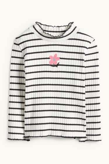 Děti - dívky - Květina - tričko s dlouhým rukávem - žebrované - pruhované - černá/bílá