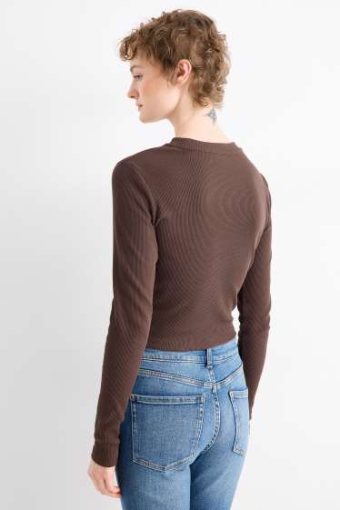 Dames - Korte longsleeve - slim fit - ribstof - donkerbruin