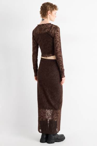 Femmes - Jupe en maille-filet - à fleurs - marron foncé