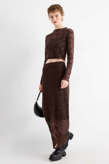 Femmes - Jupe en maille-filet - à fleurs - marron foncé