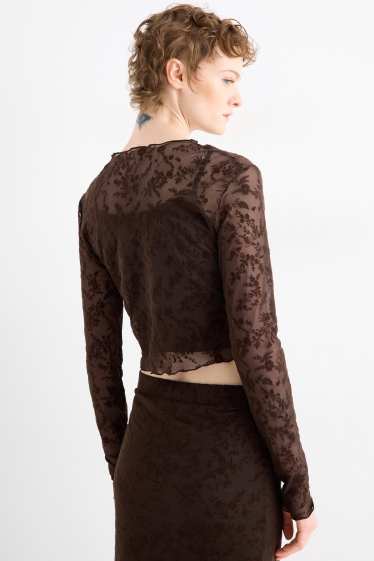 Dámské - Souprava - krátké tričko s dlouhým rukávem a top - slim fit - s květinovým vzorem - tmavohnědá