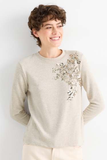 Women - Long sleeve top - regular fit - shiny - beige