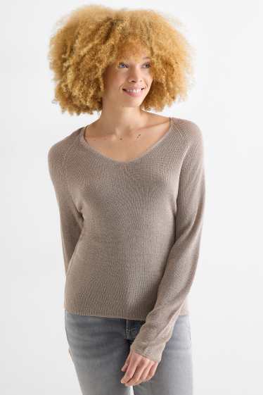 Femmes - Pull avec encolure en V - effet brillant - gris