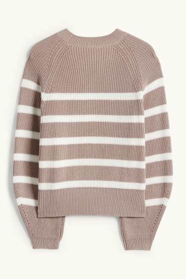 Women - Jumper - ribbed - striped - beige