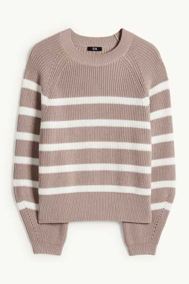 Women - Jumper - ribbed - striped - beige