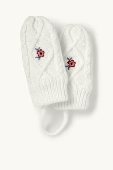Bebeluși - fete - Floricele - mănuși cu un deget bebeluși - cu torsade - alb-crem