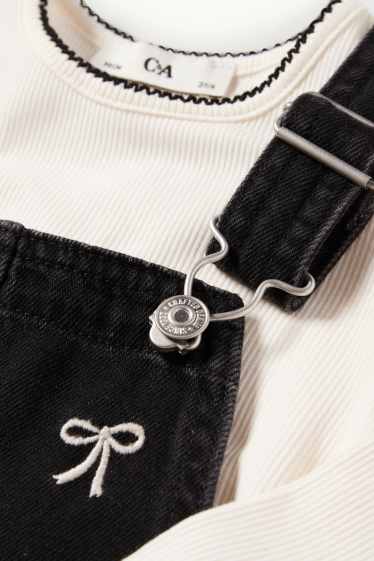 Kinder Mädchen - Schleife - Set - Langarmshirt und Jeans-Latzkleid - 2 teilig - weiß / schwarz