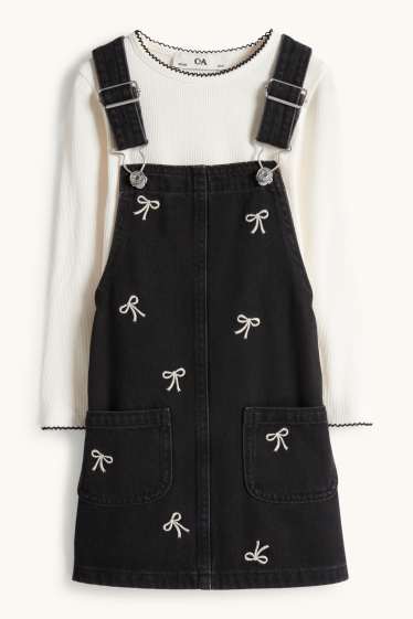 Kinder Mädchen - Schleife - Set - Langarmshirt und Jeans-Latzkleid - 2 teilig - weiß / schwarz